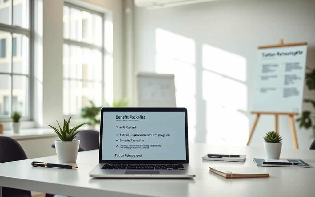 Employer benefits tuition reimbursement: a bright, airy office space with sunlight streaming through large windows, illuminating a modern, minimalist desk setup. On the desk, an open laptop displays a benefits package highlighting a tuition reimbursement program, surrounded by office supplies and a potted plant. In the background, a whiteboard showcases employee training and development opportunities. The overall atmosphere conveys a supportive, progressive work environment that values employee growth and education.