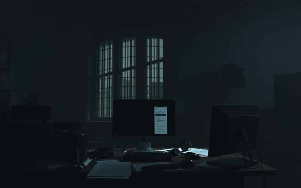 a dark, moody interior scene with a computer desk in the foreground, highlighting concerns about online privacy and data security. The desk is cluttered with various electronic devices, cables, and documents, evoking a sense of information overload and surveillance. In the middle ground, a large window casts eerie shadows across the room, symbolizing the vulnerability of digital privacy. The background is obscured, creating a sense of unease and uncertainty. The overall atmosphere is tense and unsettling, conveying the complex legal and ethical implications of corporate wellness programs and their impact on individual privacy.