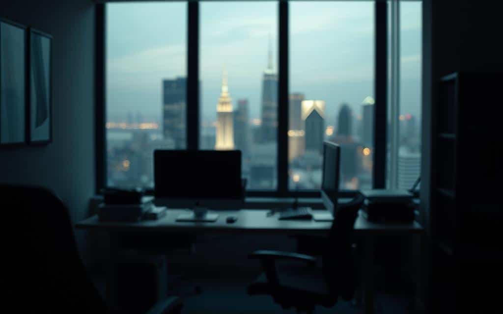 a dimly lit office with a desk, computer, and chair in the foreground, conveying a sense of security and stability. In the middle ground, a window overlooking a bustling city skyline, suggesting the broader context of the workplace. The background is softly blurred, creating a sense of depth and focus on the central workstation. The lighting is warm and muted, creating a cozy, comfortable atmosphere. The overall scene evokes a feeling of reliability, longevity, and a secure career path.