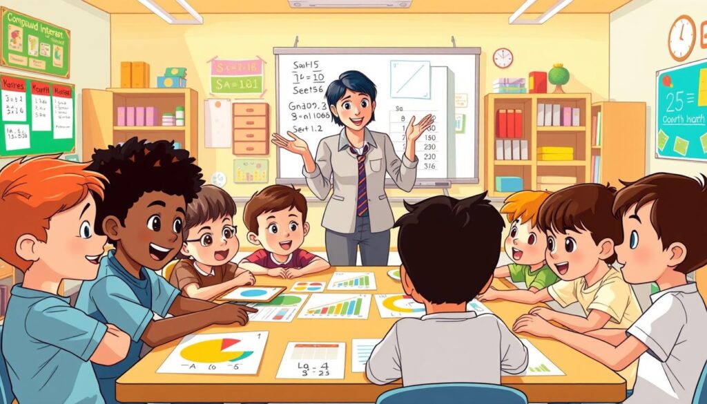 a dynamic illustration of children learning about compound interest, set in a bright, cheerful classroom environment. In the foreground, a group of diverse children, ages 8-12, sit around a table, engaged in a hands-on activity involving colorful charts, graphs, and mathematical formulas. Their faces reflect a mix of curiosity, understanding, and excitement as they discover the power of compound growth over time. In the middle ground, a teacher, dressed in a smart, casual outfit, gestures enthusiastically while explaining the concepts, using a whiteboard or digital display as a visual aid. The background features vibrant, educational wall displays, bookshelves, and other classroom elements that create a stimulating, educational atmosphere. The lighting is warm and natural, creating a sense of warmth and learning. The overall composition and colors convey a playful, yet informative tone, inspiring young minds to grasp the fundamentals of compound interest.