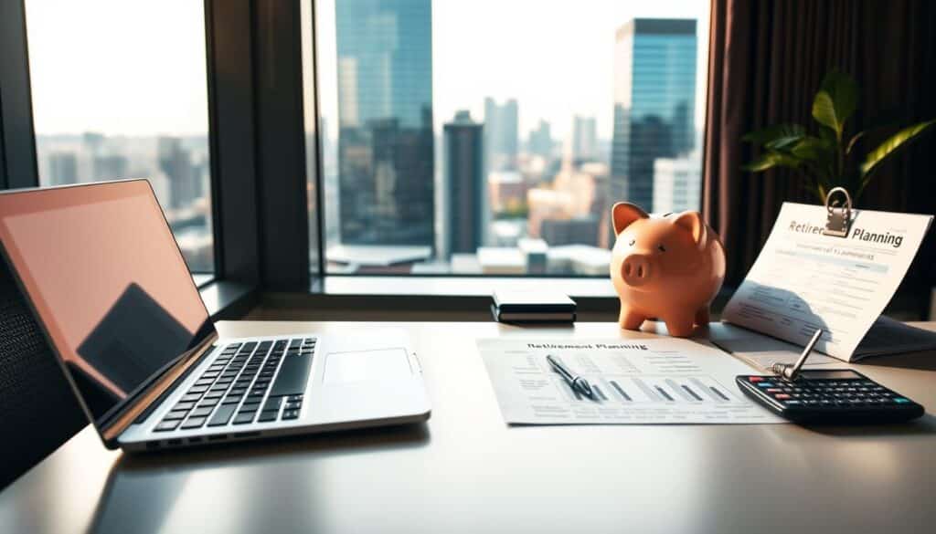 a sleek modern office desk with a laptop, a piggy bank, a calculator, and a retirement planning document in the foreground, with a window overlooking a scenic cityscape in the background, all illuminated by warm, diffused natural lighting from the side, captured with a shallow depth of field for a clean, professional aesthetic that conveys the idea of carefully planning for a secure financial future